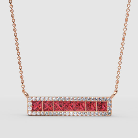 Rose Gold Ruby Princess Cut Diamond Halo Bar Necklace - One