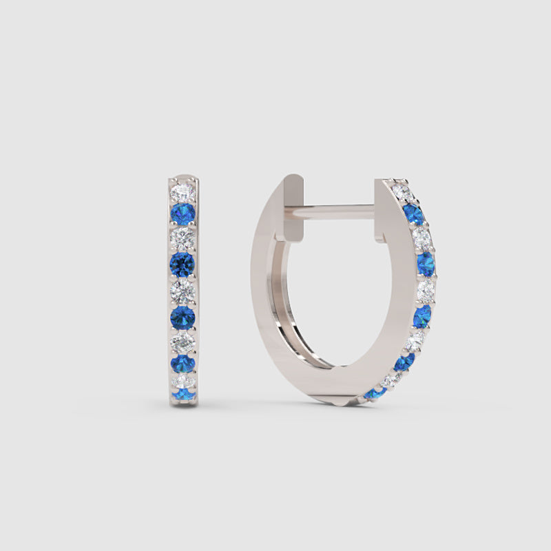 Blue Sapphire And Diamond Huggie Hoop Earrings In White Gold - One