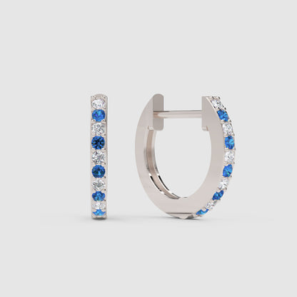 Blue Sapphire And Diamond Huggie Hoop Earrings In White Gold - One