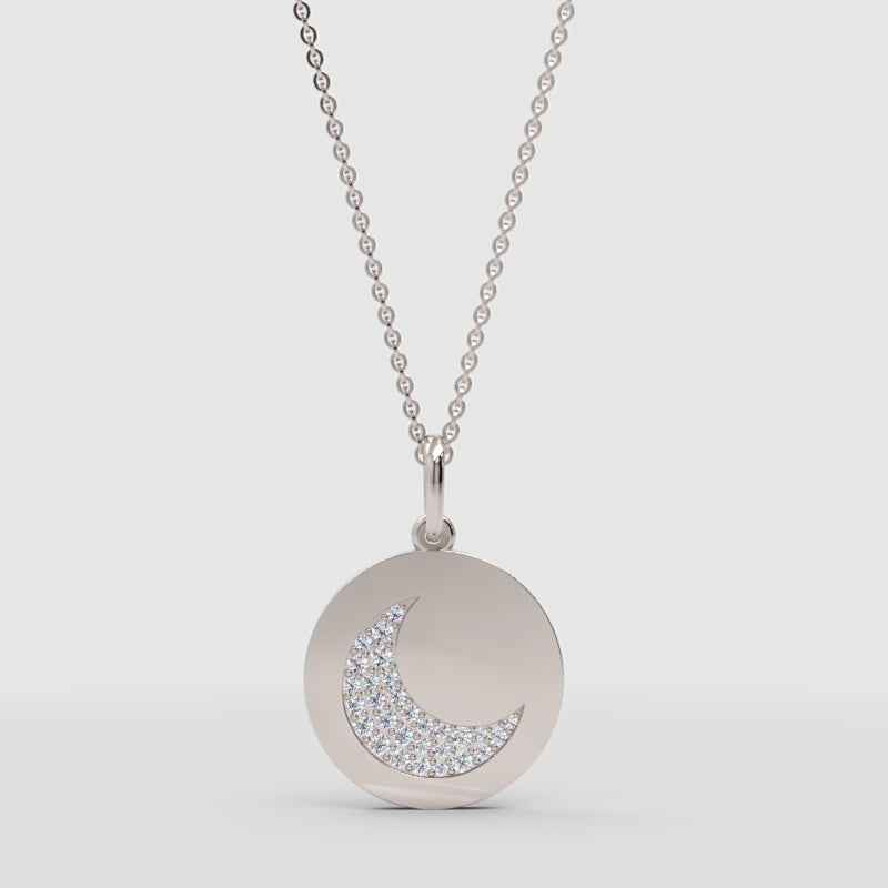 Pav Crescent Moon Disc Pendant Necklace - One