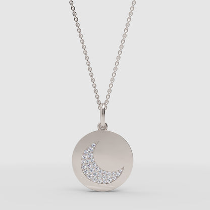Pav Crescent Moon Disc Pendant Necklace - One