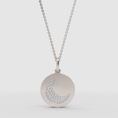Pav Crescent Moon Disc Pendant Necklace