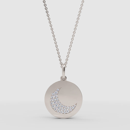 Pav Crescent Moon Disc Pendant Necklace - One