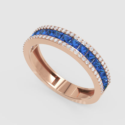 Blue Sapphire And Diamond Channel Set Wedding Band Ring - Three