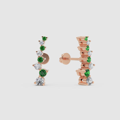 Rose Gold Emerald And Diamond Curved Climber Earrings - One