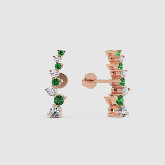 Rose Gold Emerald And Diamond Curved Climber Earrings - One