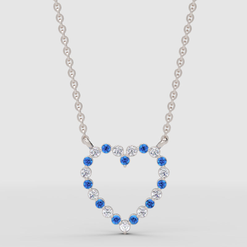 Blue Sapphire And White Diamond Heart Pendant Necklace In 14K White Gold - One