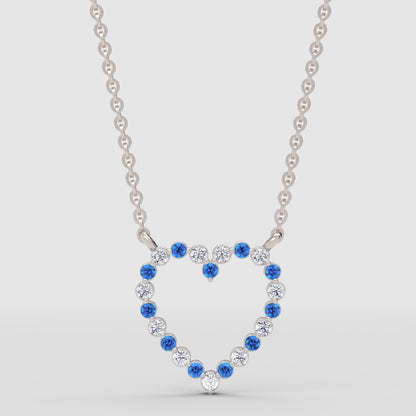 Blue Sapphire And White Diamond Heart Pendant Necklace In 14K White Gold - One
