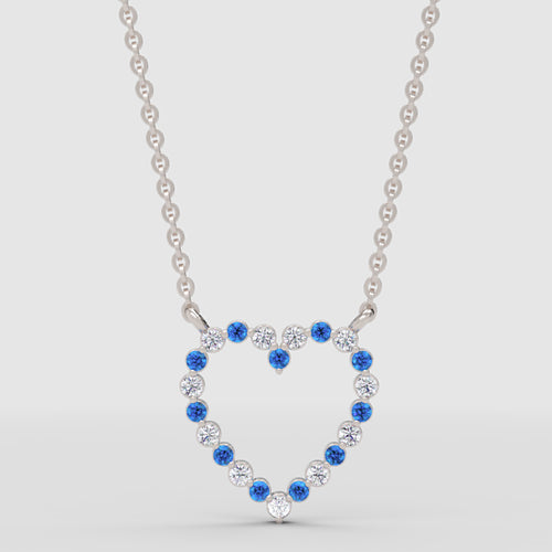 Blue Sapphire and White Diamond Heart Pendant Necklace in 14k White Gold