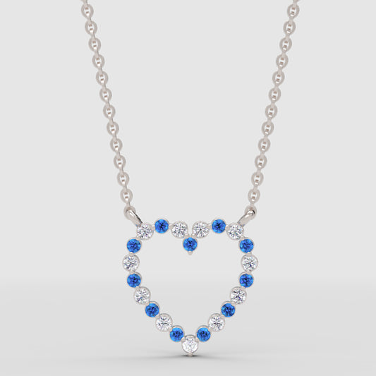 Blue Sapphire And White Diamond Heart Pendant Necklace In 14K White Gold - One