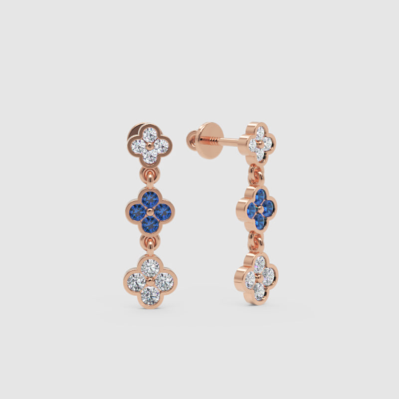 Rose Gold Diamond And Blue Gemstone Clover Drop Earrings - One