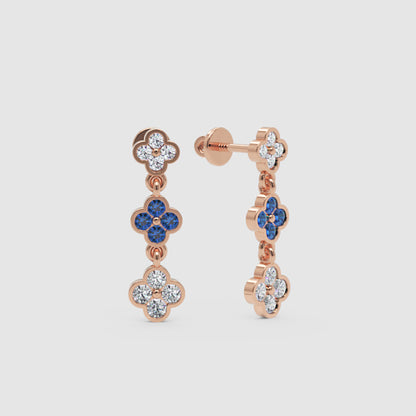 Rose Gold Diamond And Blue Gemstone Clover Drop Earrings - One