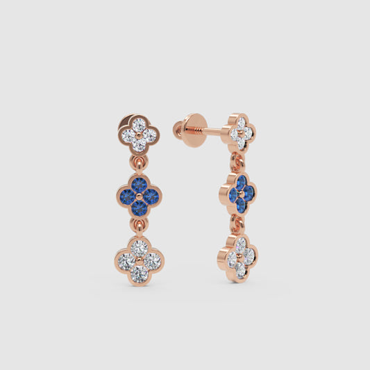 Rose Gold Diamond And Blue Gemstone Clover Drop Earrings - One