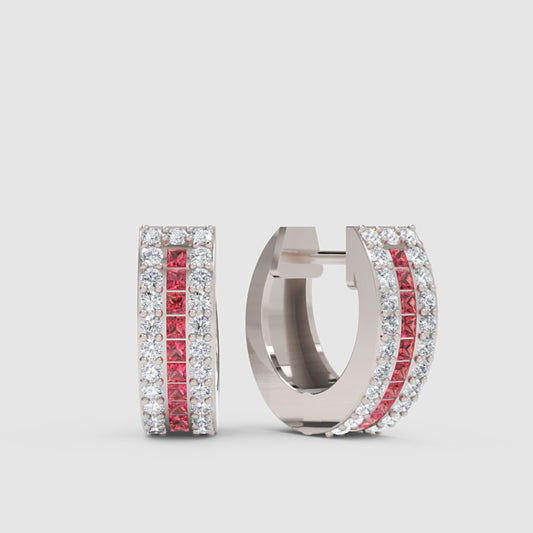 White Gold Coloured Gemstone And Diamond Channel Set Hoop Earrings - One