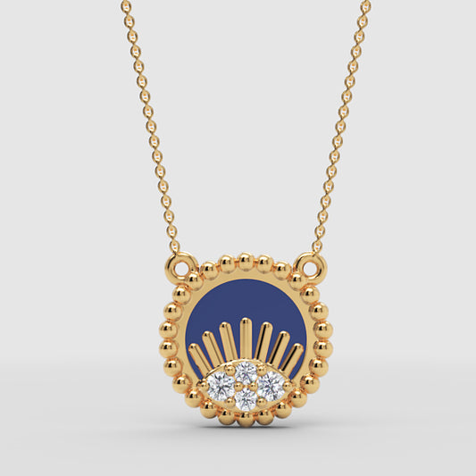 Blue Enamel Evil Eye Pendant Necklace With Diamond Accents - One