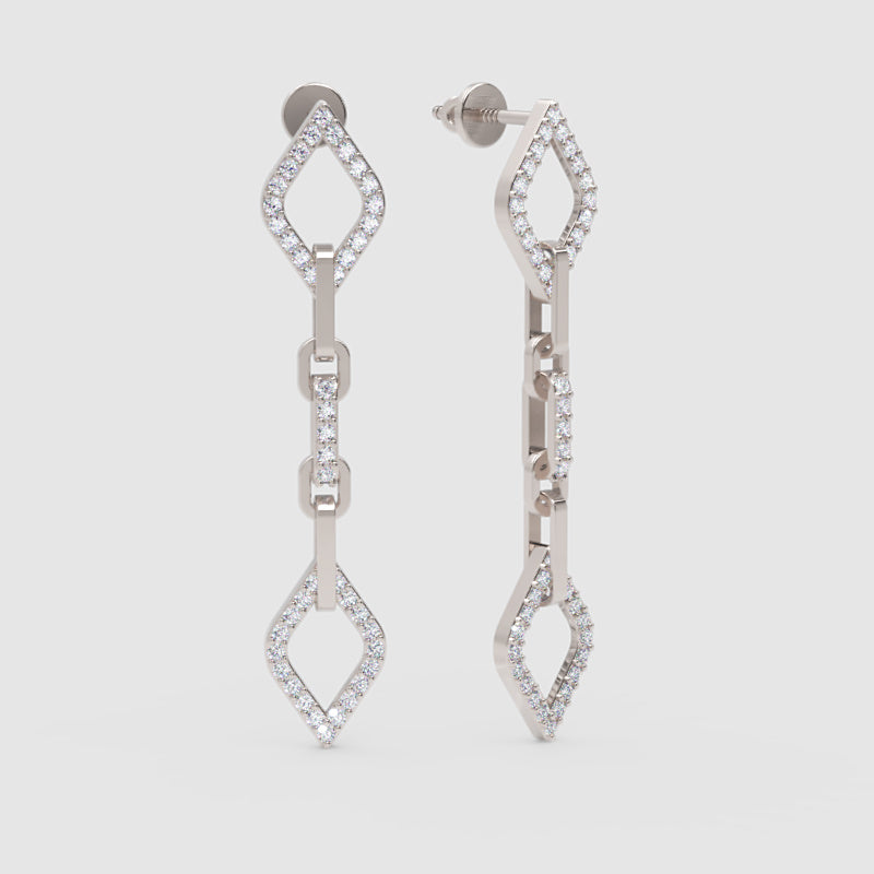 Diamond Chain Link Drop Earrings With Geometric Motif - One