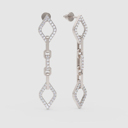 Diamond Chain Link Drop Earrings With Geometric Motif - One