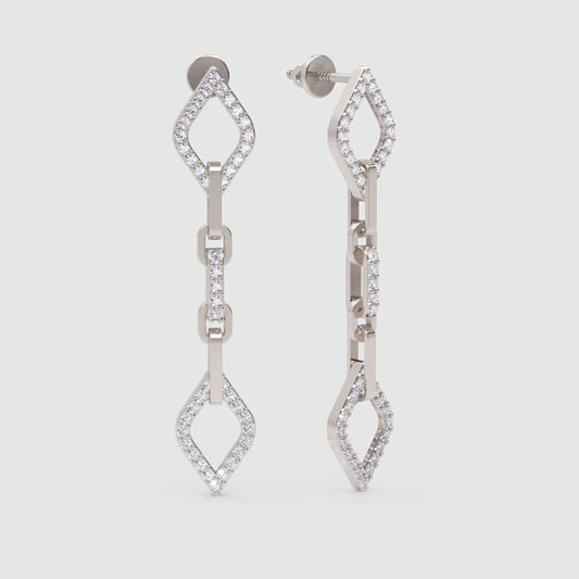 Diamond Chain Link Drop Earrings With Geometric Motif - One