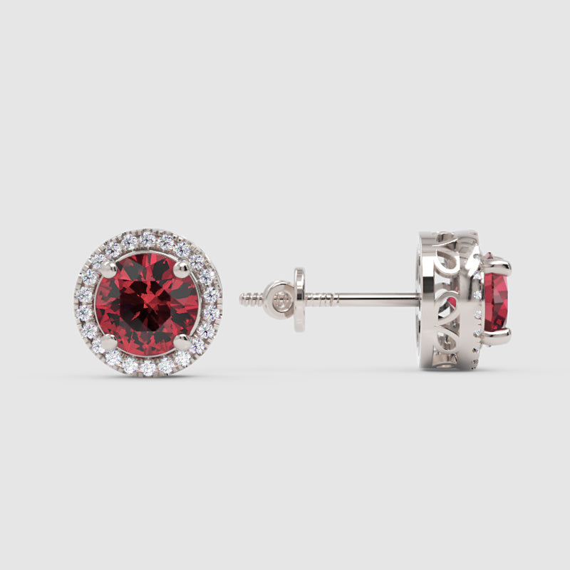 925 Silver Ruby Halo Earrings – Classic Round Cut Red Stud Jewelry - One
