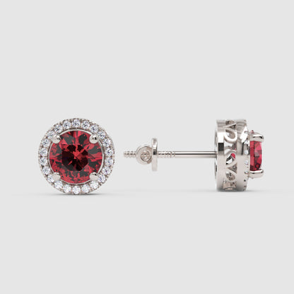 925 Silver Ruby Halo Earrings – Classic Round Cut Red Stud Jewelry - One