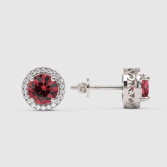 925 Silver Ruby Halo Earrings – Classic Round Cut Red Stud Jewelry - One