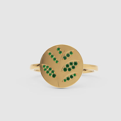Emerald Leaf Disc Ring With Pav Gemstones - Three