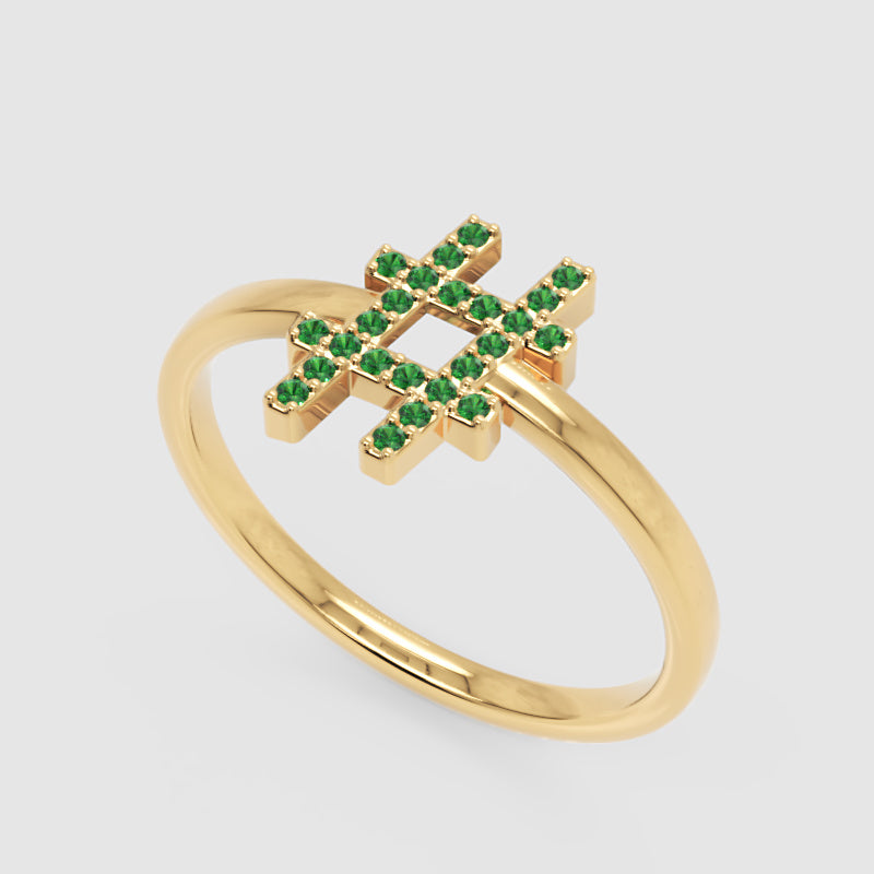 Green Emerald Hashtag Symbol Ring With Pav Stones - Seven