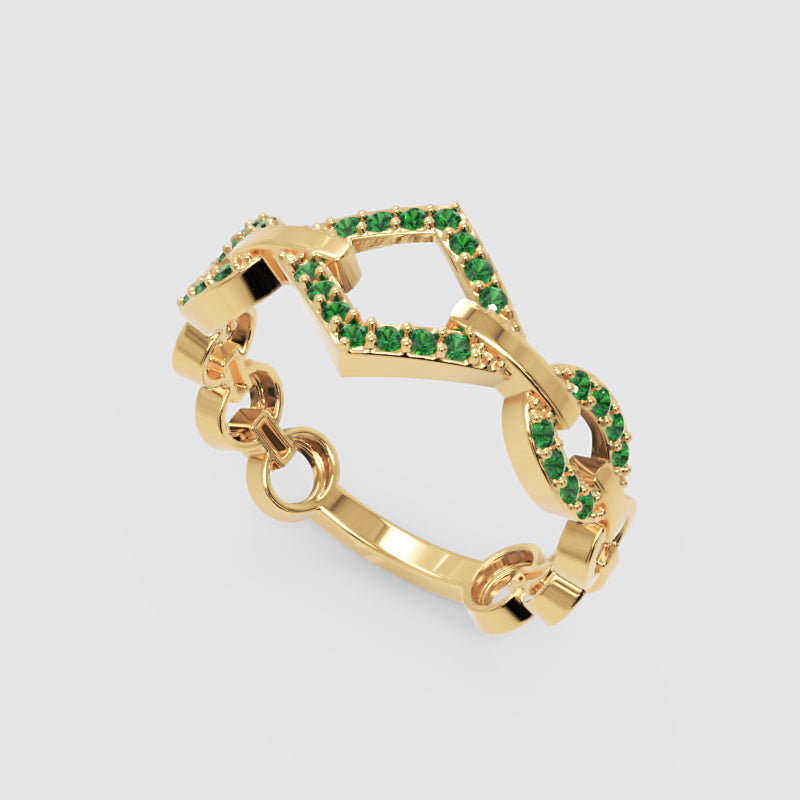 Luxury Emerald Chevron Ring | Yellow Gold Double V Chain Link Bold Design | Jebij - Three