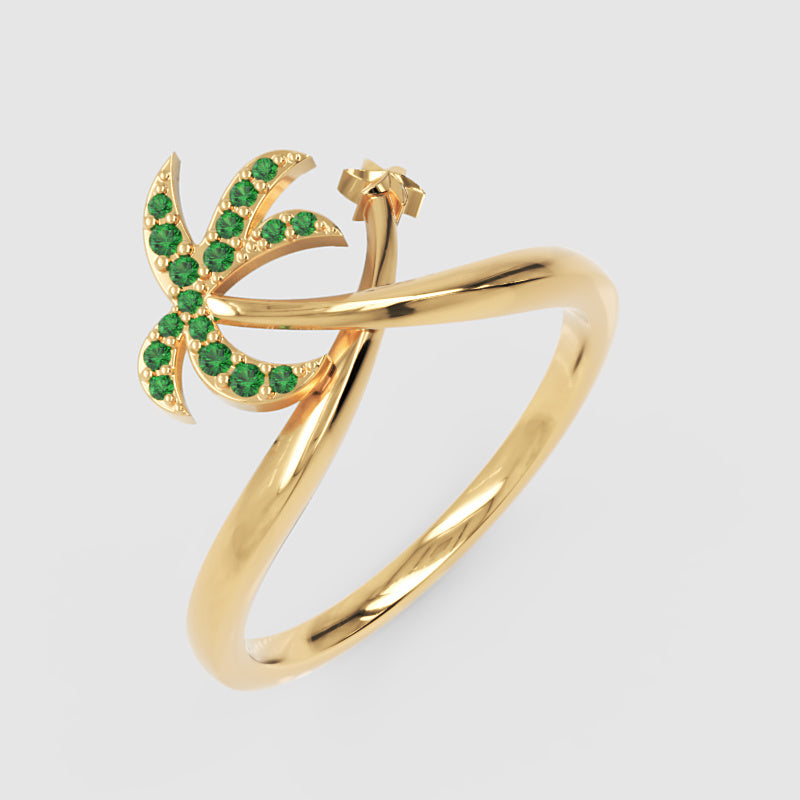 Green Stone Star & Crescent Moon Ring In Yellow Gold - Four