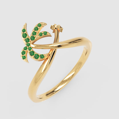 Green Stone Star & Crescent Moon Ring In Yellow Gold - Four