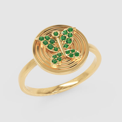 Emerald Initial T Signet Ring With Concentric Circle Design - Three