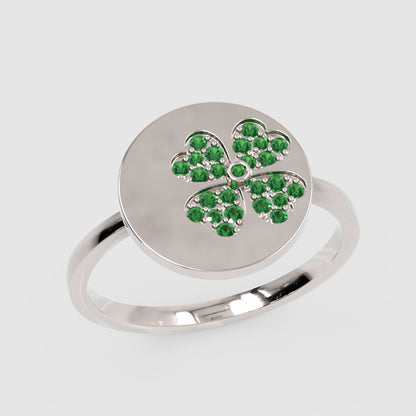 Four Leaf Clover Disc Ring With Green Stones - Three