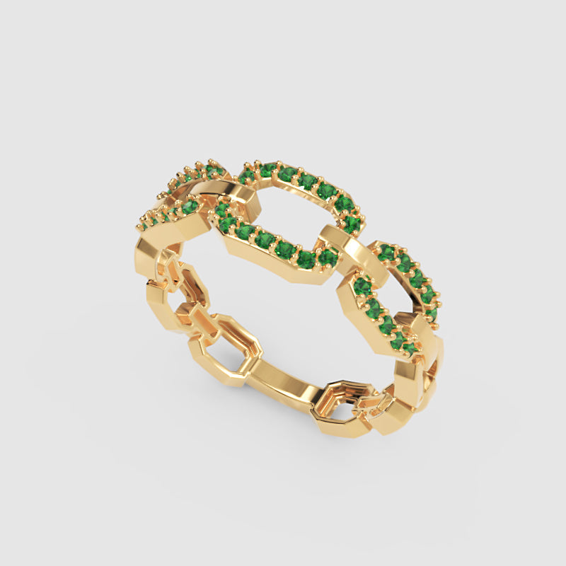 Emerald Chain Link Ring In Yellow Gold | Double Pave Interlocking Statement Luxury Ring For Women | Jebij - Three