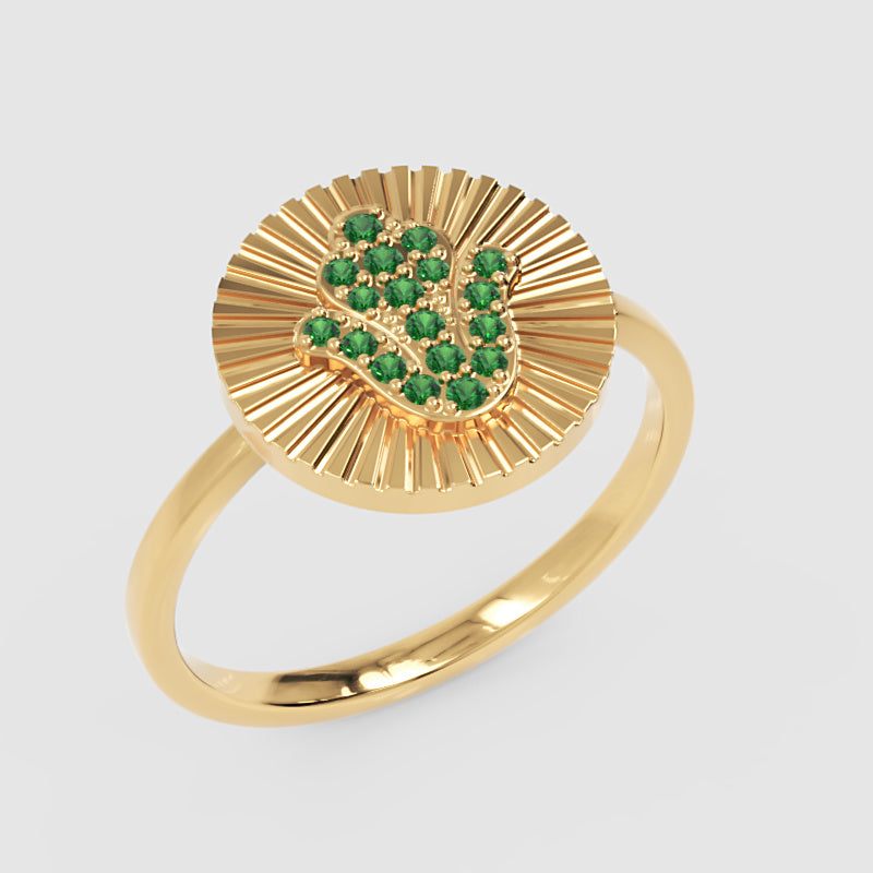 Hamsa Hand Emerald Disc Ring With Sunburst Texture - Three