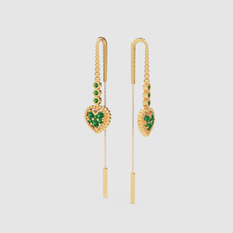 Emerald Heart Threader Earrings With Bar Drop Chain Detail - Three