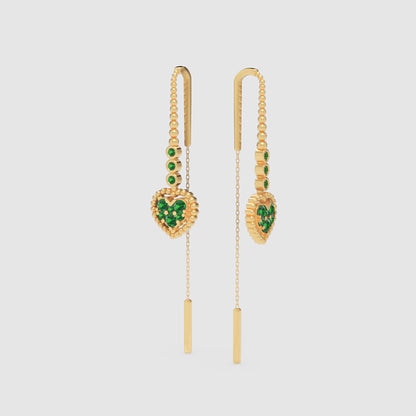 Emerald Heart Threader Earrings With Bar Drop Chain Detail - Three