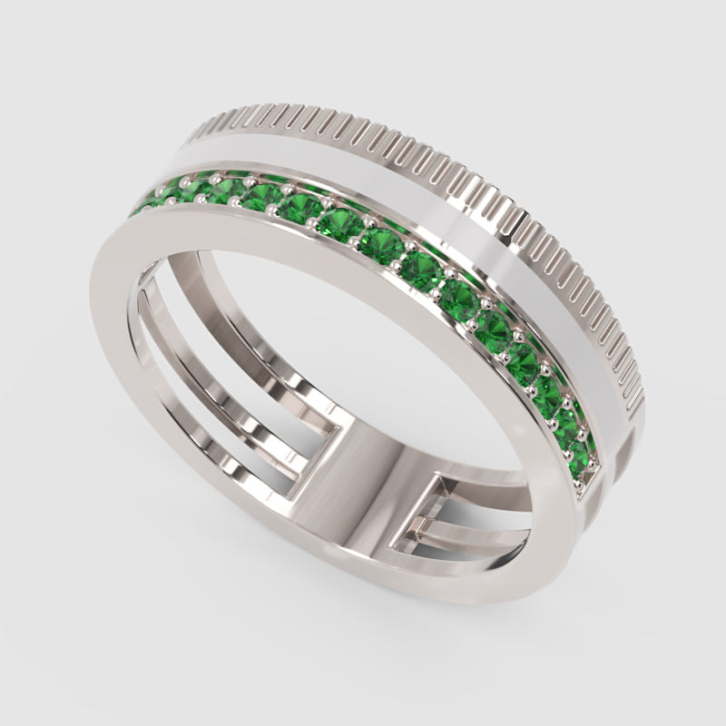 Yellow Gold Emerald Band Ring with White Enamel Center – Customizable Luxury Statement Ring | Jebij