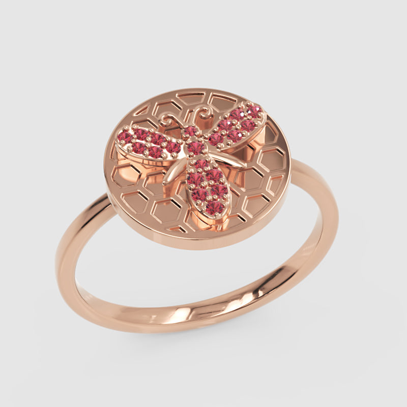 Honeycomb Bee Ring With Pink Gemstones Rose Tone - Three