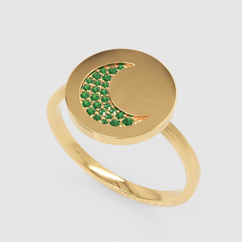 Emerald Crescent Moon Disc Ring - Three