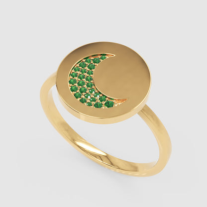 Emerald Crescent Moon Disc Ring - Three
