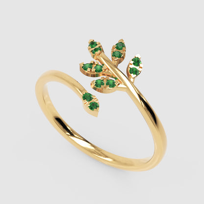Emerald Leaf Vine Wrap Ring - Three