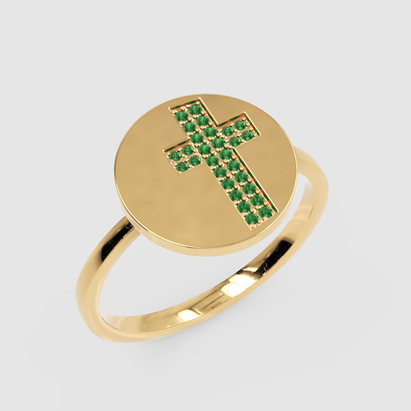 Emerald Cross Signet Ring With Disc Design - Three
