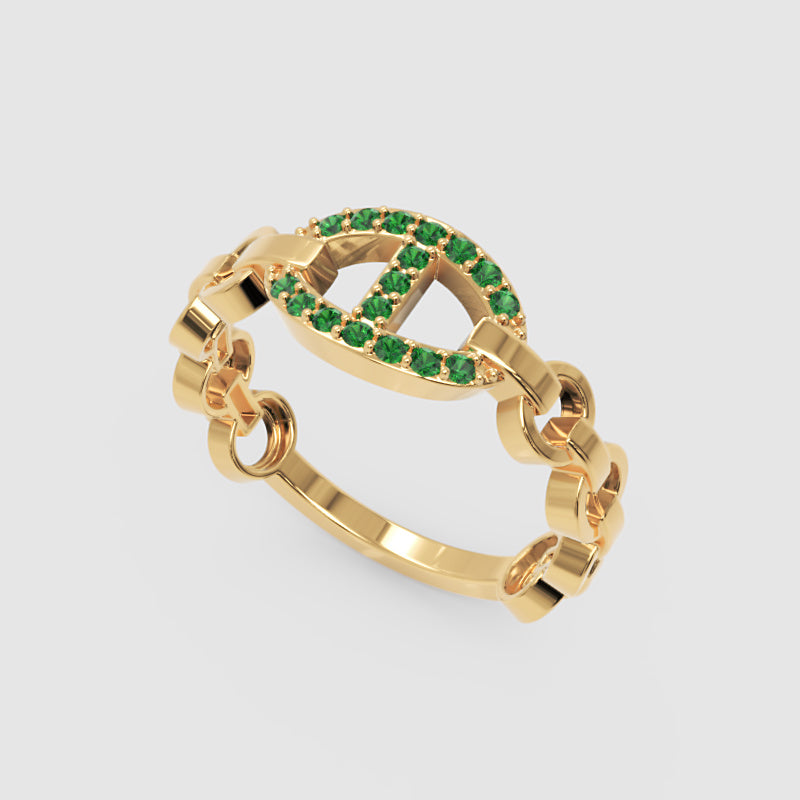 Emerald Oval Ring (Lab-Grown) | Yellow Gold Chain Link Vertical Bar Design | Jebij - Three