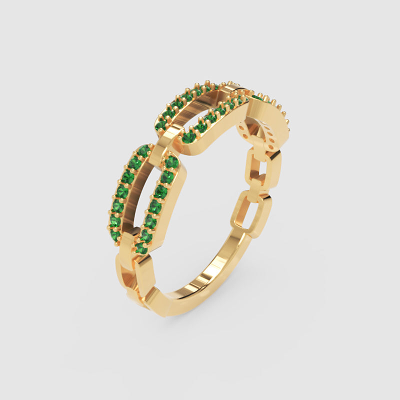 Lab-Grown Emerald Interlocking Link Ring In Yellow Gold | Double Pave Luxury Chain Design Statement Ring For Women | Jebij - Three