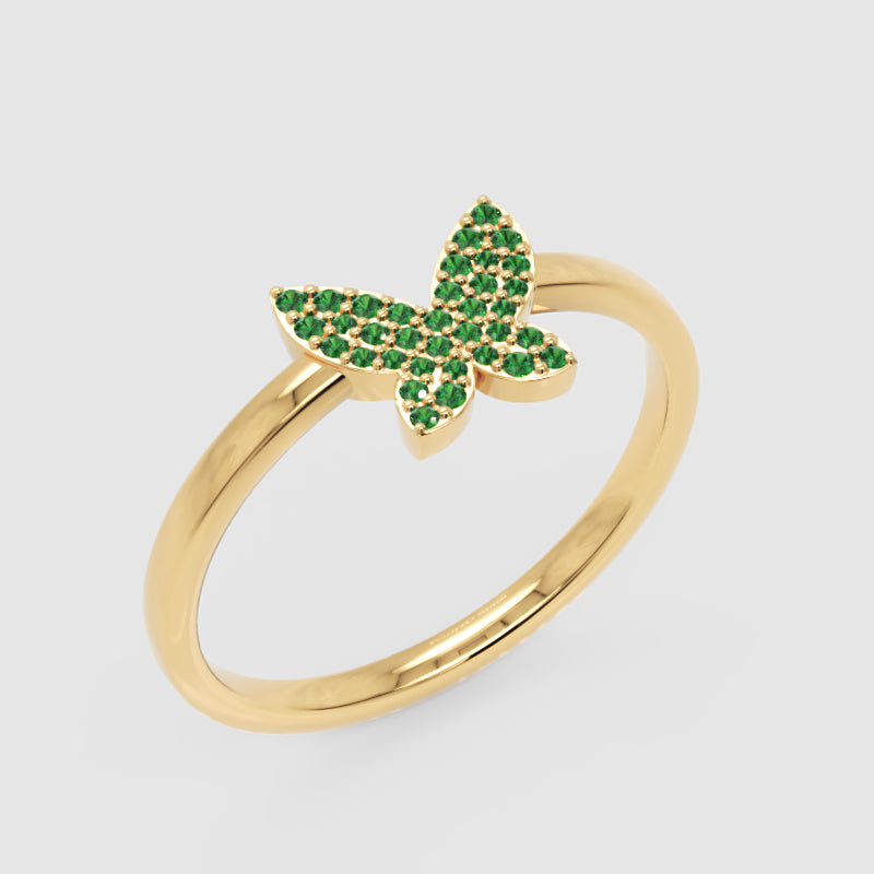 Emerald Pav Butterfly Ring Delicate Stackable Band - Three