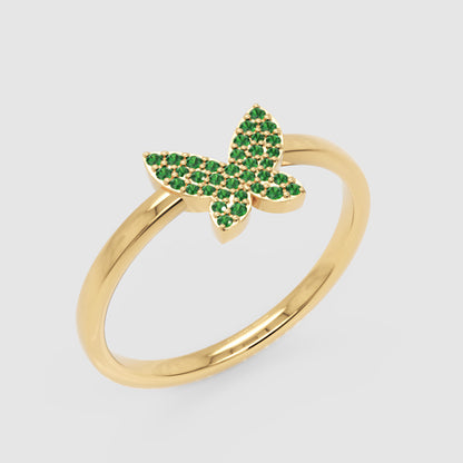 Emerald Pav Butterfly Ring Delicate Stackable Band - Three