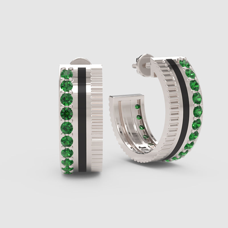 Emerald Hoop Earrings With Black Enamel Accent - Three