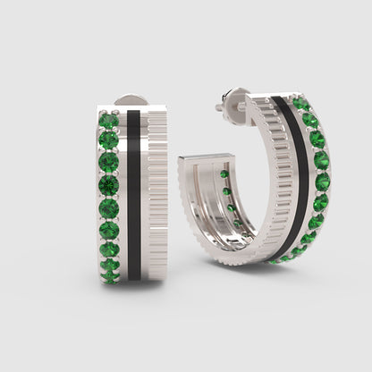 Emerald Hoop Earrings With Black Enamel Accent - Three