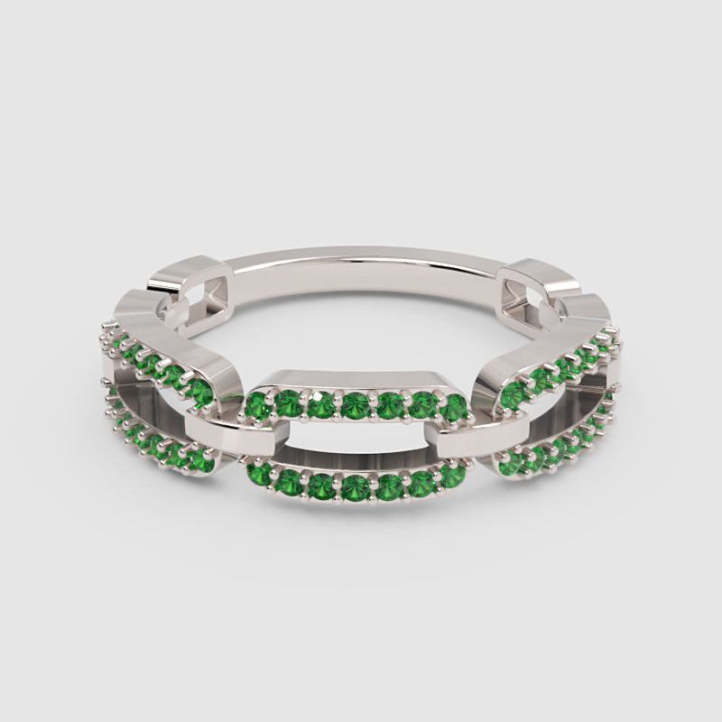 Lab-Grown Emerald Interlocking Link Ring In Yellow Gold | Double Pave Luxury Chain Design Statement Ring For Women | Jebij - Four