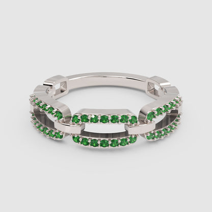 Lab-Grown Emerald Interlocking Link Ring In Yellow Gold | Double Pave Luxury Chain Design Statement Ring For Women | Jebij - Four